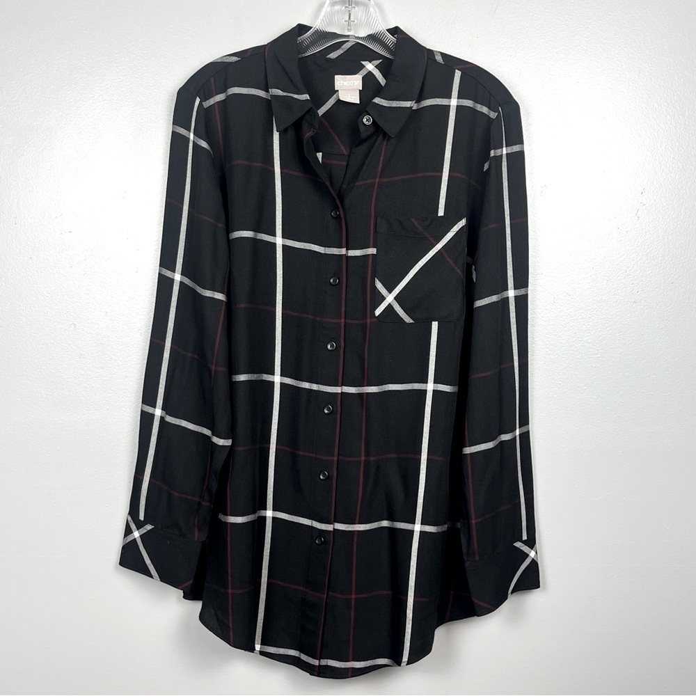Chico’s black white red plaid 100% rayon tunic length button front shirt, medium